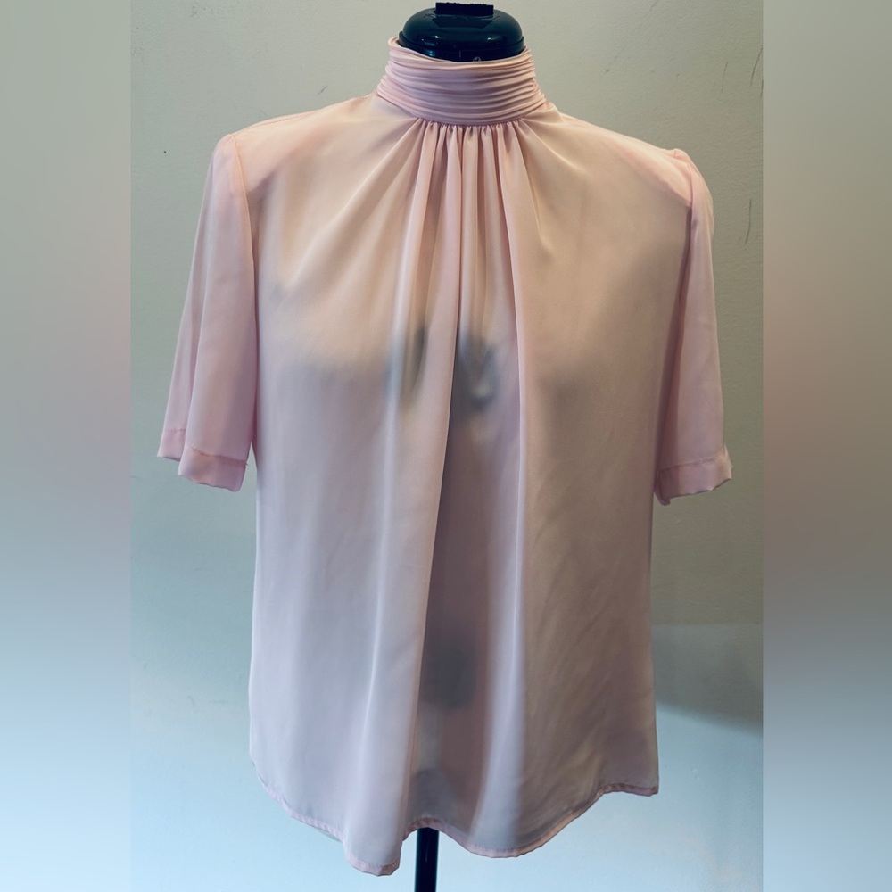 Vintage Pink Pleated High-Neck Lightweight Blouse, Size 12